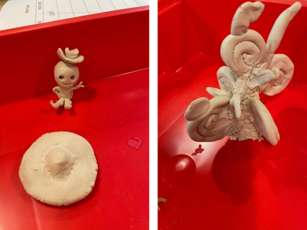 The photo on the right shows a small clay octopus wearing a hat and sits next to a clay sombrero. The picture on the right shows an abstract clay figure with spirals and spikes.