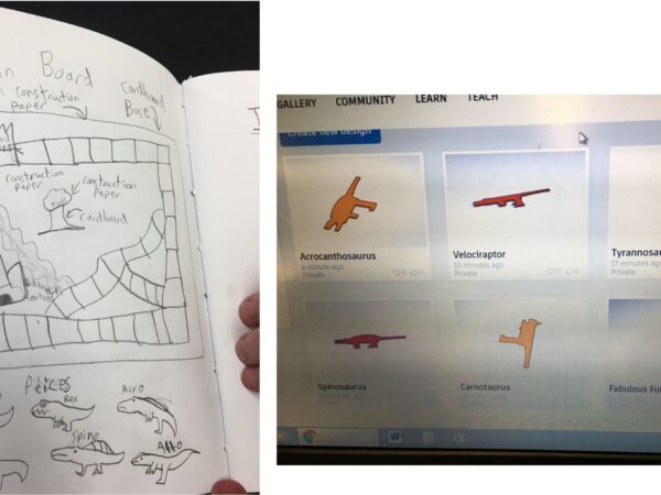 The inside of a student’s white paper journal is shown where they have sketched out an idea for a game. The sketch includes a playing board and different dinosaur playing pieces. Next to it, the dinosaur playing pieces are shown designed within the 3D program Tinkercad.