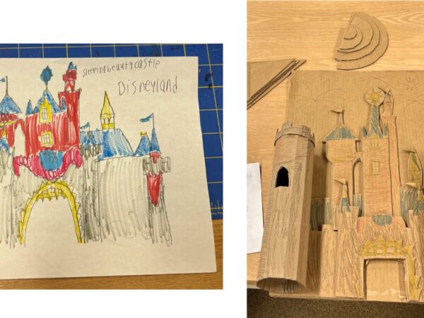 A hand drawn illustration of Disneyland’s Sleeping Beauty’s Castle. The illustration includes red, blue, yellow, and gray. The picture on the right shows a replica of the castle made from layers of cardboard with two towers in relief. The replica is colored to match the drawing.