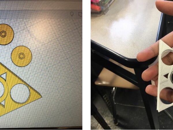 A computer screen shows a 3D design for a yellow triangular fidget spinner with circles and cut out triangles. Beside it, a student holds a white 3D-printed version of the fidget spinner.