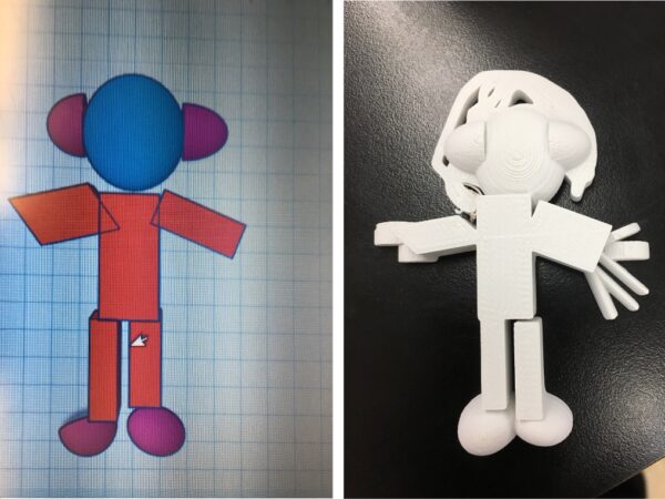 A computer screen shows the 3D design for a block-like human figurine with a blue circle for the head, red rectangles for the body, arms and legs, and purple ovals for feet and ears. Beside it, a small 3D printed version of the human-like figure lays on a table.