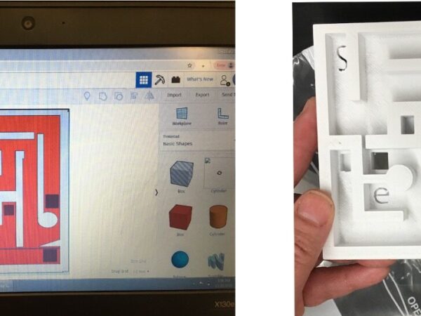On the right is a computer screen shows the 3D design for a hand-held marble maze. Some program menu options are shown. On the left it is a white 3D printed version of the maze.