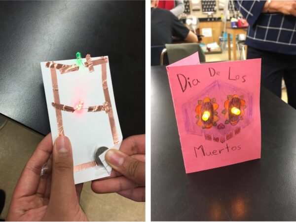 The picture on the left shows a student hand holding a paper circuit. There is a rectangle of copper tape with a strip of tape across the middle. In the middle of the top and center lines are single lit LEDs. The right bottom corner of the paper is folded at an angle, partially covering a coin cell battery. The picture on the right shows a red card. The card reads Dia De Los Meurtos. A festively decorated skull is in the center. One lit LED pops through each eye socket.