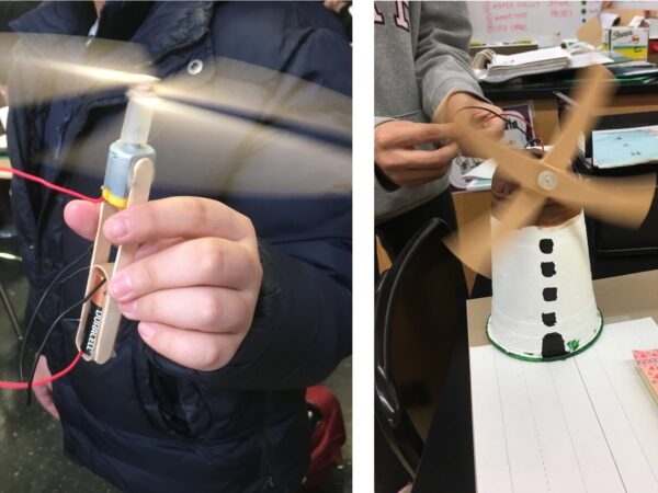 On the left is a picture of a student’s hand holds a vertical contraption made from 2 popsicle sticks, a battery and a motor. A propellor spins at the top. On the right is spinning windmill made from a paper cult and popsicle sticks.